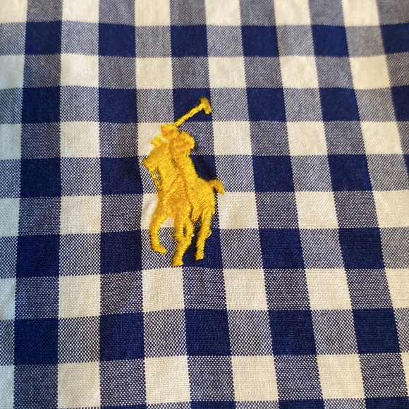 Ralph Lauren navy white gingham button down shirt yellow polo pony - Picture 6 of 13
